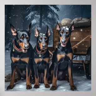 Poster Decoração de Natal do Doberman Snowy Sleigh