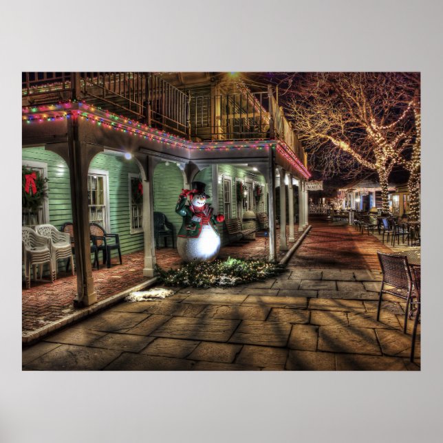 Póster Decoração de Natal em Cidade com Snowman pela Casa (Frente)