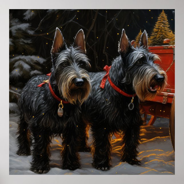 Poster Decoração de Natal Scottish Terrier Snowy Sleigh  (Frente)