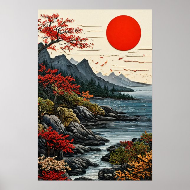 Poster Decoração de Paisagem Pacífica Montanhas e florest (Frente)