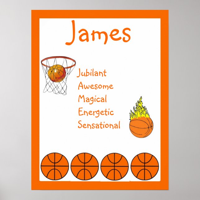 Póster Decoração de quarto infantil Basquetebol Nome Arte (Frente)