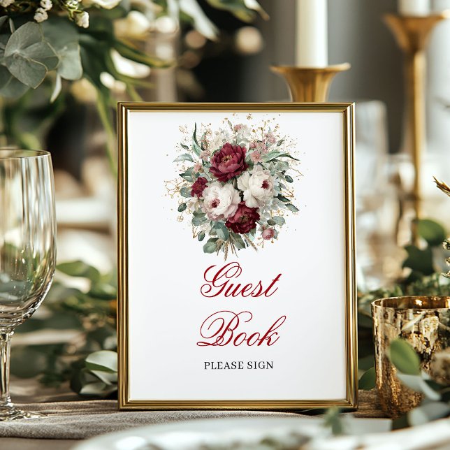 Poster Decoração de Sinal de Livro de Visitantes Burgundy (Rustic Blush Burgundy Guest Book Sign Decor)