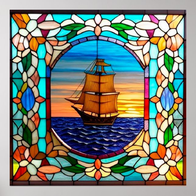 Poster ⛵ Decoração de Vidro Manchado para Sala Costeira  (Frente)
