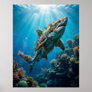 Poster Decoração Fantasia de Recife de Coral e Tubarão