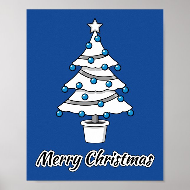 Poster Decorações Azuis da Árvore de Natal Branco - Feliz (Frente)