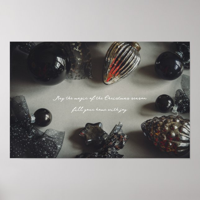 Poster Decorações de Natal Retro Preto Prata (Frente)