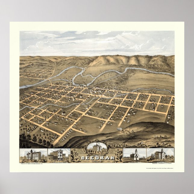 Poster Decorah, Mapa Panorâmico de Iowa - 1870 (Frente)