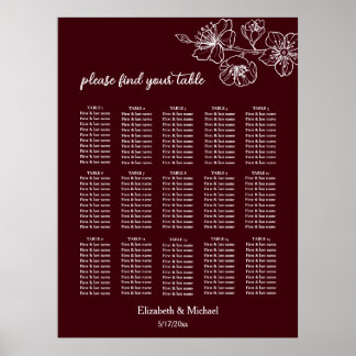 Poster Deep Burgundy White Floral | Wedding Seating Chart