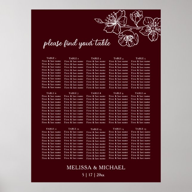 Poster Deep Burgundy White Floral | Wedding Seating Chart (Frente)