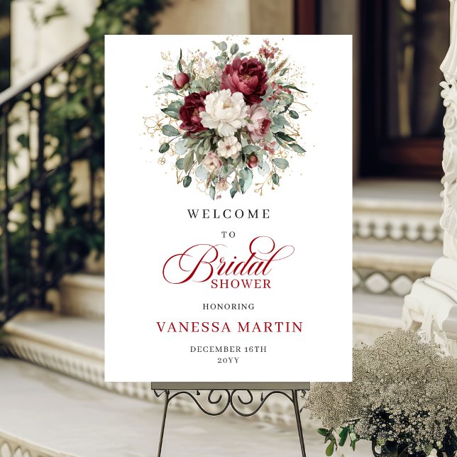 Poster Deep Red Floral Gold Bridal Shower Welcome (Deep Red Floral Bridal Shower Welcome)