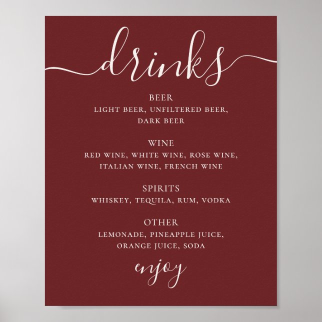 Poster Deep Wine Red Wedding Drinks Menu. Modern Bar Sign (Frente)