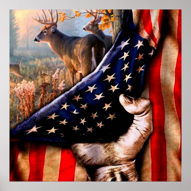 Poster Deer American Flag Blanket, (Frente)