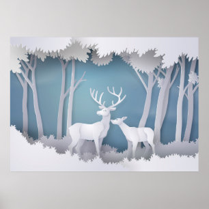 Poster Deer de Corte de Papelão na Floresta