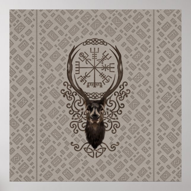 Poster Deer e Vegvisir - Viking Navigation Compass (Frente)