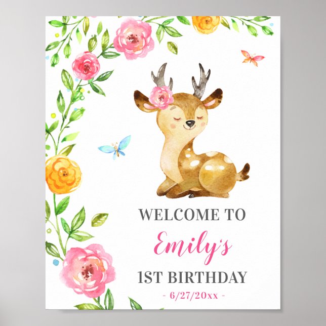 Poster Deer Girl First Birthday Colorors Animal Welcome (Frente)