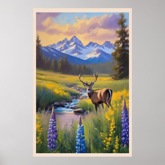 Poster Deer Rocky Mountain Meadow Flores Selvagens (Frente)