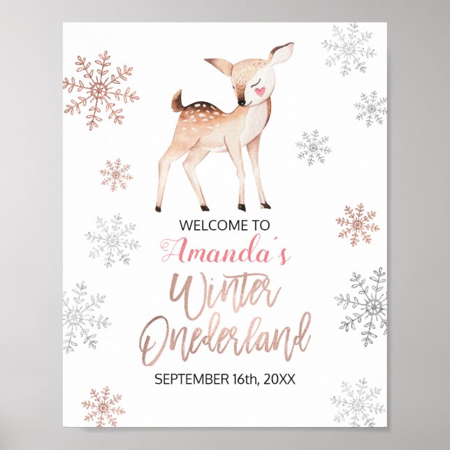 Poster Deer Winter Snowflakes ONEderland Birthday Bem-vin (Frente)