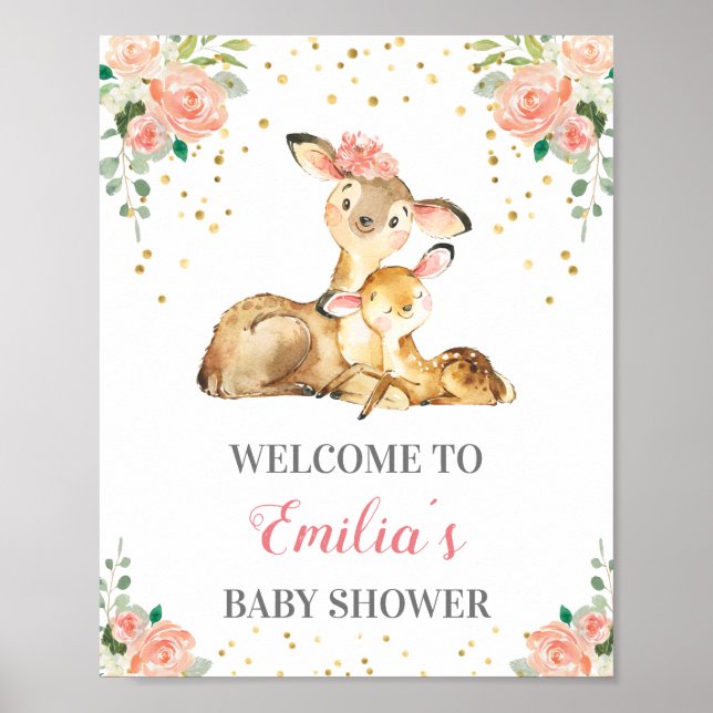 Poster Deer Woodland Baby Girl Chá Sprinkle Bem-Vindo (Frente)