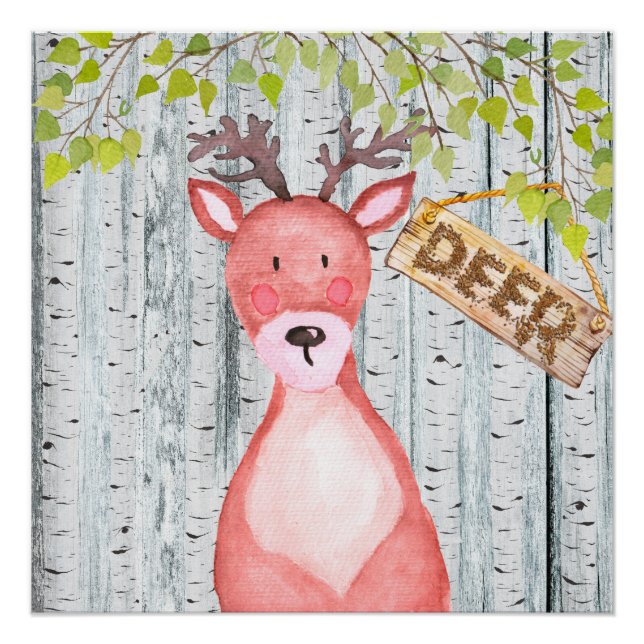 Póster Deer- Woodland Friends - Ilustração Watercolor (Frente)
