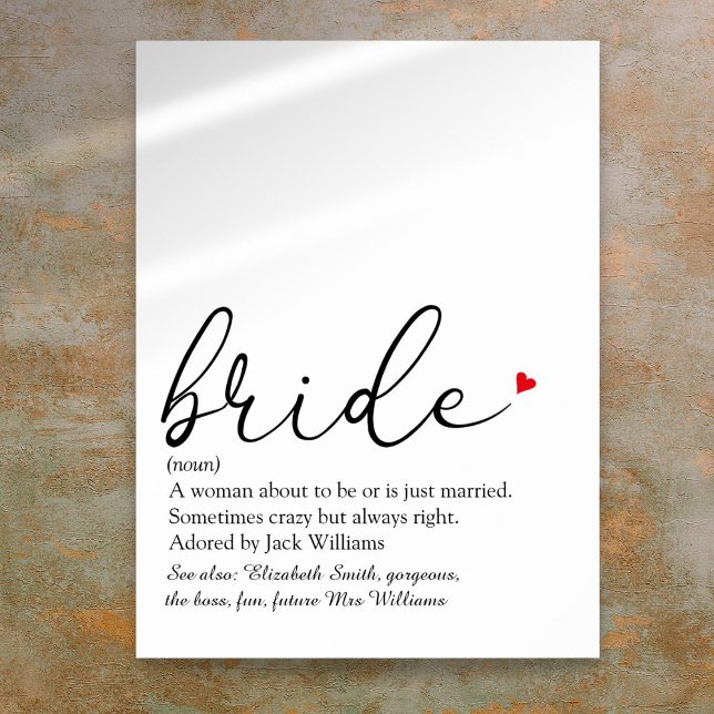 Poster Definição de Noiva Script Letreiro de Chá de Noiva (Script Bride Definition Bridal Shower Sign)
