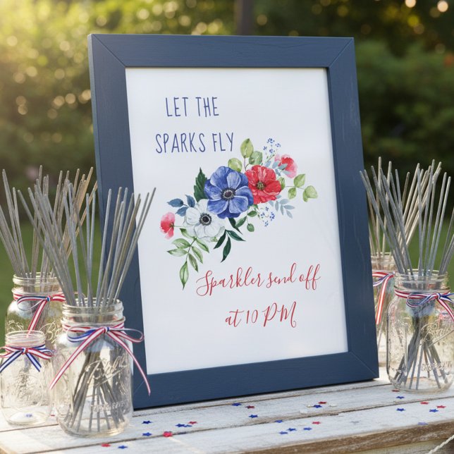 Poster Deixe as Faíscas Voarem Sinal Floral Vermelho Bran (Red White & Blue Floral Wedding Shower Sparkler Table Sign by Darling & May. Printed or Digital.)
