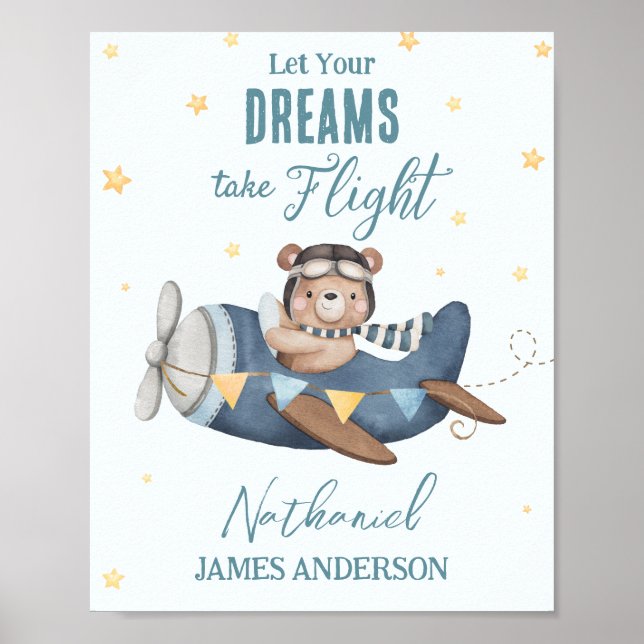 Poster Deixe Seu Sonho Voar Urso Fofo Avião Azul (Frente)