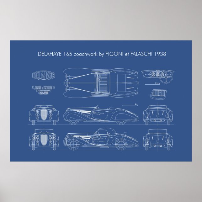 Poster Delahaye 165 Figoni et Falaschi Blueprint (Frente)