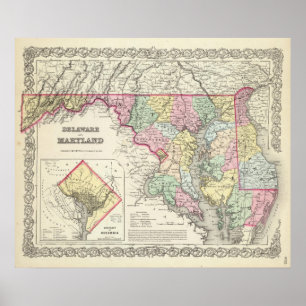 Póster Delaware e Maryland com distrito de Columbia