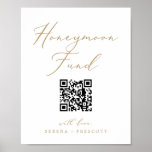 Poster Delicar Dourado Caligrafia QR Code Honeymoon Fund<br><div class="desc">Este delicado poster de fundo de lua de mel com um código QR de caligrafia em ouro é perfeito para um casamento ou chá de panela moderno. A design romântica minimalista apresenta uma magnífica e elegante tipografia amarela ouro champanhe num fundo branco com um aspecto simples e limpo. Carregue seu...</div>