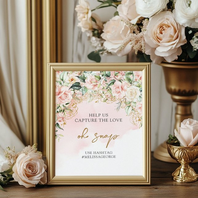 Poster Delicar rosas cor-de-rosa macia (Delicate soft pastel pink roses gold Oh snap sign)