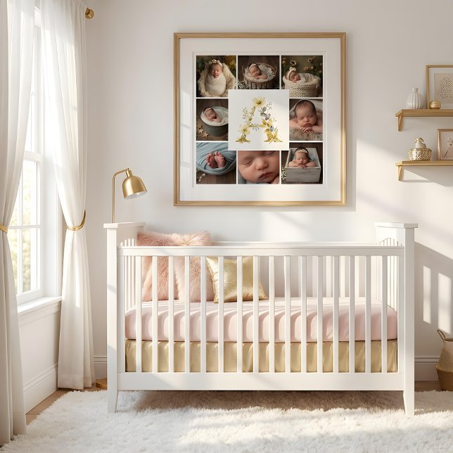 Poster Delicate Floral Initial A 8-Photos Collage Newborn (Delicate Floral Initial A Monogram 8-Photos Collage Newborn Session Poster Design. )