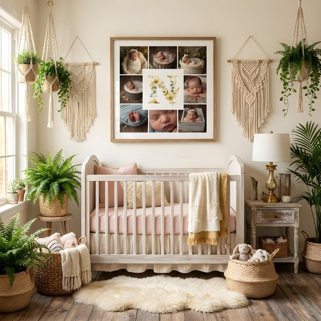 Poster Delicate Floral Initial N 8-Photos Collage Newborn (Delicate Floral Initial N Monogram 8-Photos Collage Newborn Session Poster Design. )