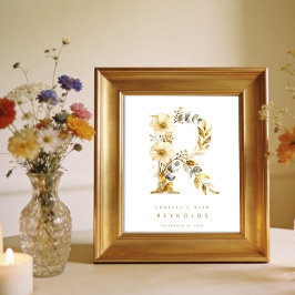 Poster Delicate Romantic Floral R Letter Gold Glitter
