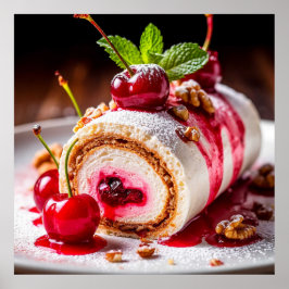 Poster Delicioso Roll de Sobremesa com Cerejas Frescas