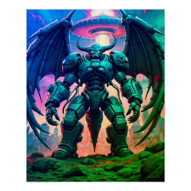 Póster Demon Roboter mit Flügel bei einem UFO (Frente)