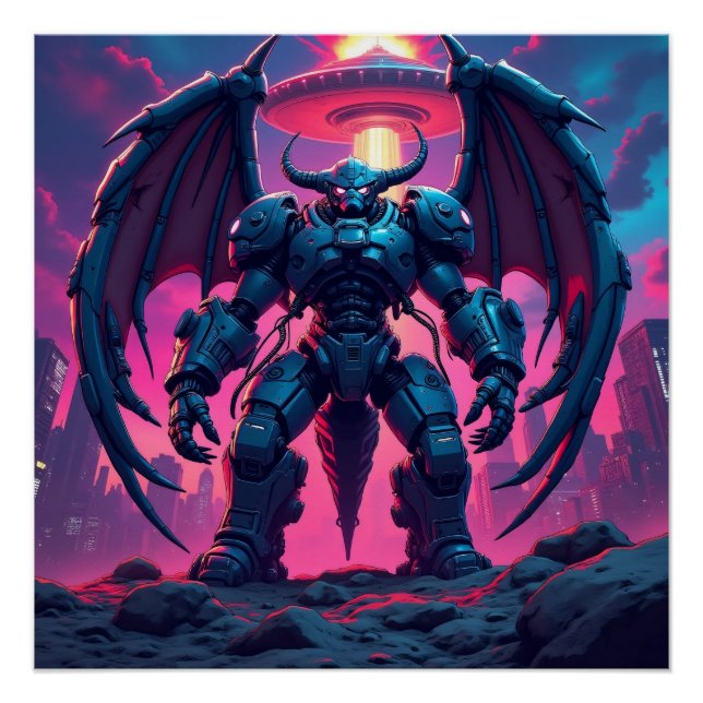 Póster Demon Roboter mit Flügel bei einem UFO (Frente)