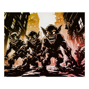 Póster Demônios Goblin Ruíram a Cidade Estilo Gráfico Ret