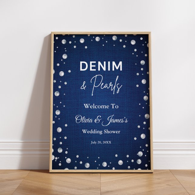 Poster Denim Diamantes Pearls Chá Azul Bem-vindo (Denim Diamonds Pearls Blue Couple's Shower Welcome Sign )