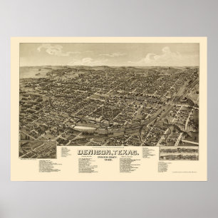 Póster Denison, mapa panorâmico de TX - 1886