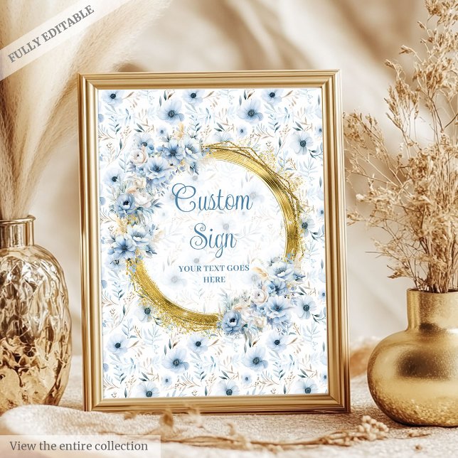 Poster Densidade azul-aquarela flores douradas (Dainty dusty blue watercolor flowers gold custom poster)