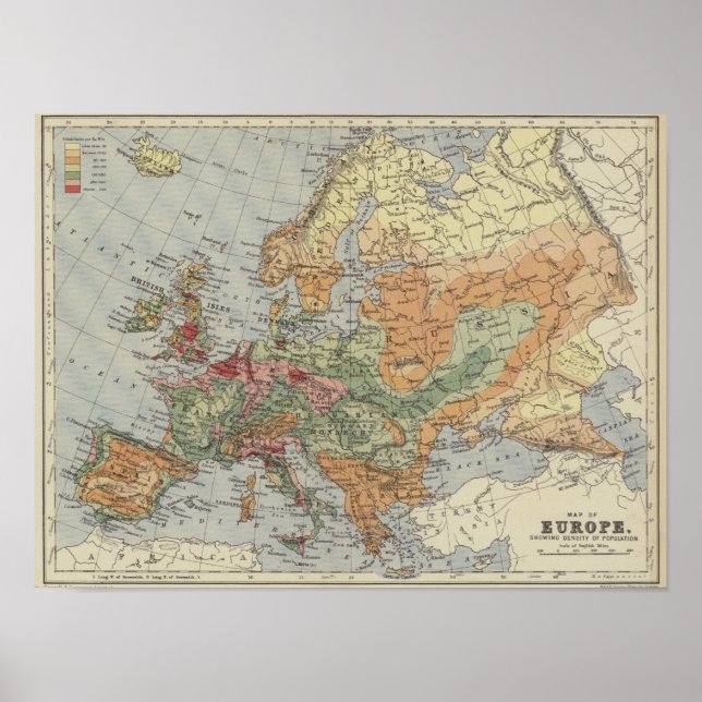 Poster Densidade populacional | Mapa Europeu (Frente)