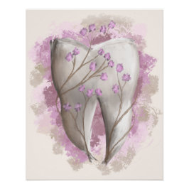 Póster Dente e flores, pintura surrealista. Arte dentária