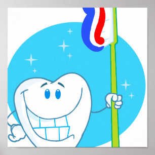 Póster Dente feliz sorrindo com escova de dentes