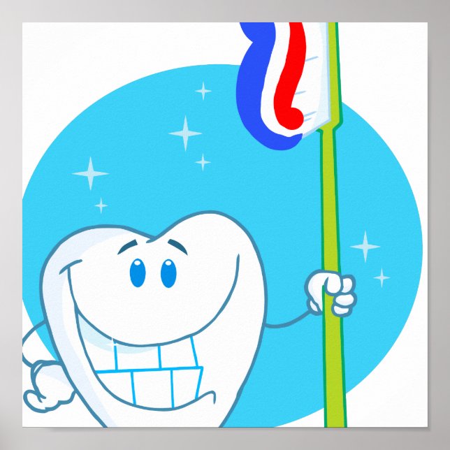 Póster Dente feliz sorrindo com escova de dentes (Frente)