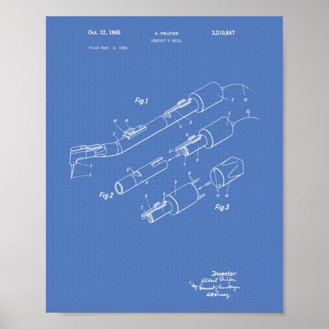 Poster Dentist's Drill 1965 Patent Art Blueprint (Frente)