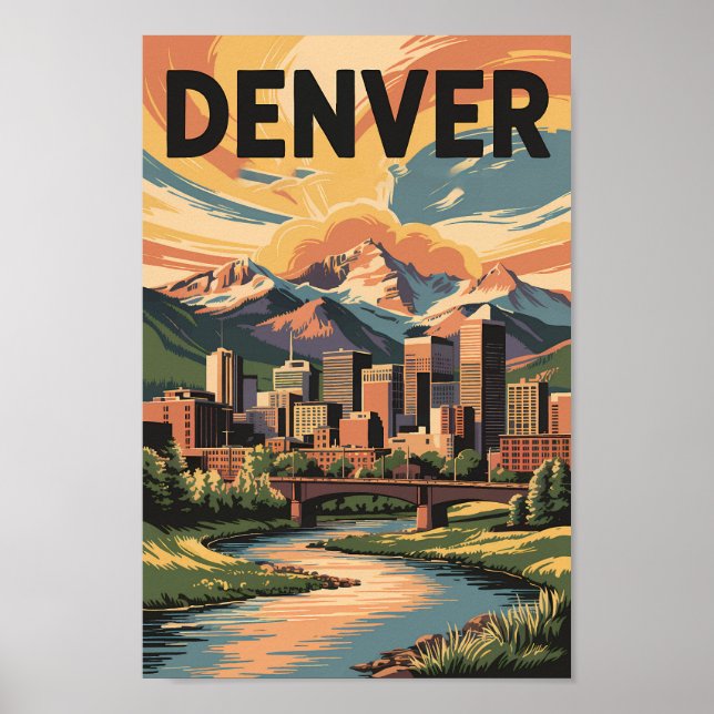 Poster Denver Colorado Illustração Sunset Viagem Art (Frente)