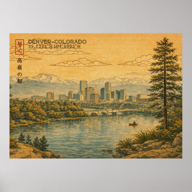 Poster Denver Colorado Skyline in Japanese Ukiyo-e (Frente)
