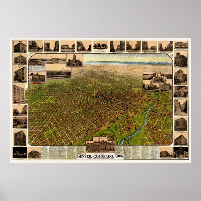 Póster Denver, Mapa Panorâmico CO - 1908 (Frente)