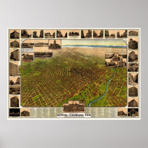 Póster Denver, mapa panorâmico do CO - 1908