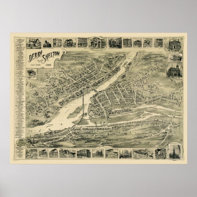 Póster Derby, CT Mapa Panorâmico - 1899 (Frente)